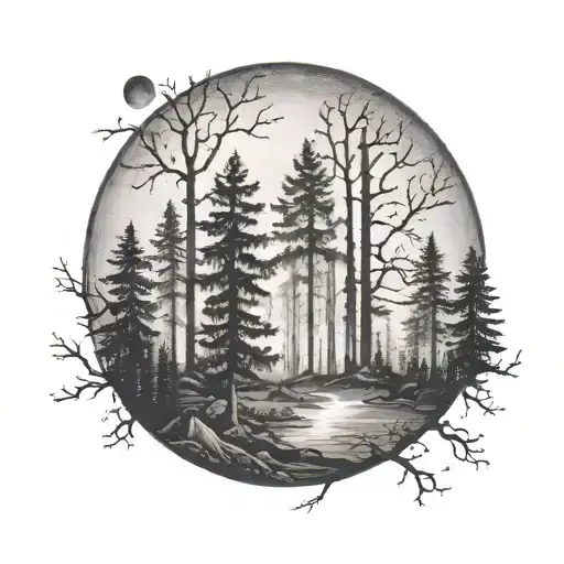 Forest With Moon In The Background