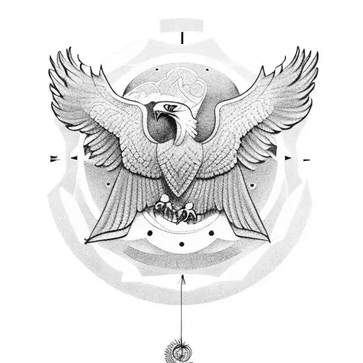 A Stylized Latin Phrase Forming The Shape Of An Eagle With A Clock Incorporated Into The Design