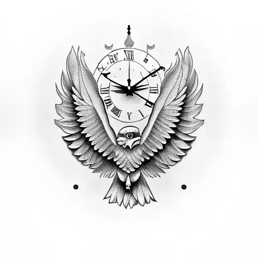 A Stylized Latin Phrase Forming The Shape Of An Eagle With A Clock Incorporated Into The Design