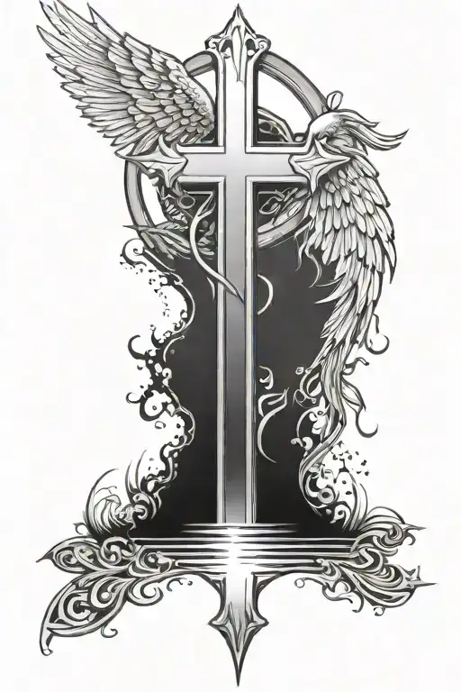 Holy Cross With Angel Wings At Top Of It With A Lake At Bottom Of Cross With A Reflection