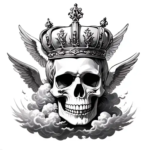 Skull With A Crown Surrounded By Clouds And Angels