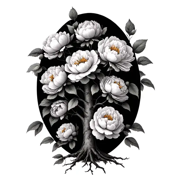 Family Tree With Peonies Growing