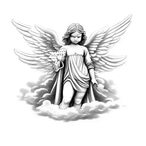 A Statue Of An Angel With Clouds And White Dove