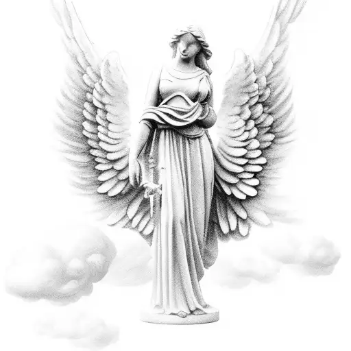 A Statue Of An Angel With Clouds And White Dove