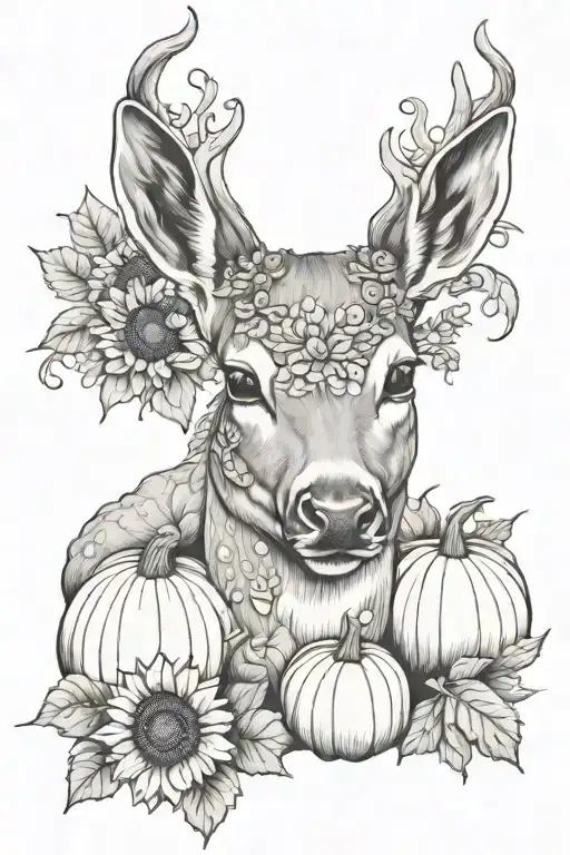 Female Deer Laying Down With Pumpkins In A Field Of Sunflowers