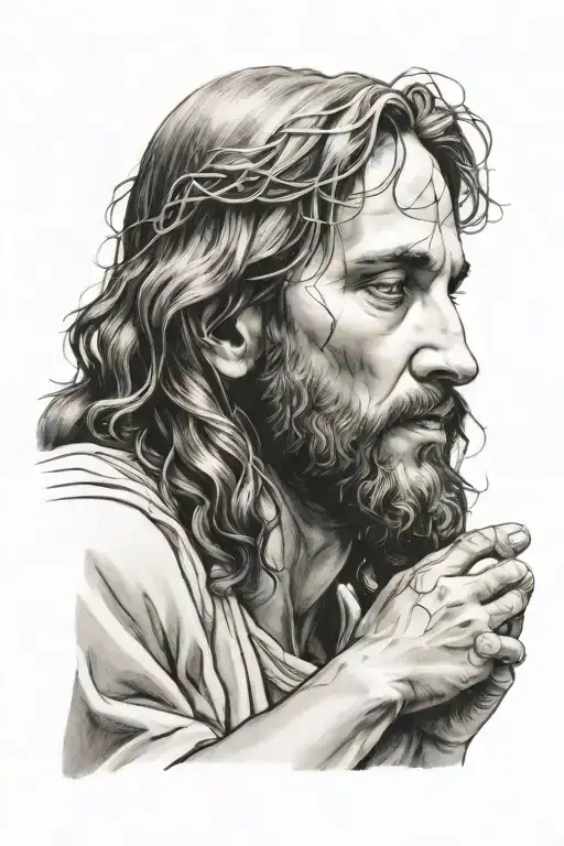 Jesus Face With Praying Hands Reaching