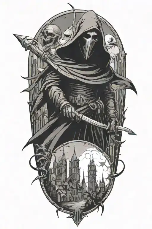 Grim Reaper And Plague Doctor In A Futuristic Cityscape