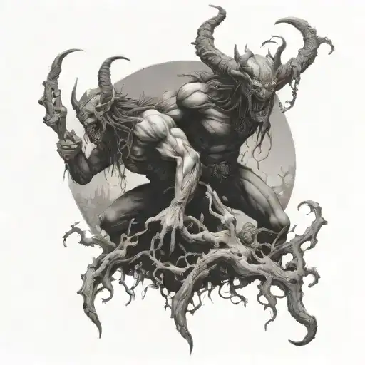 Demons Reaching Towards Man Kneeling Dark Forest