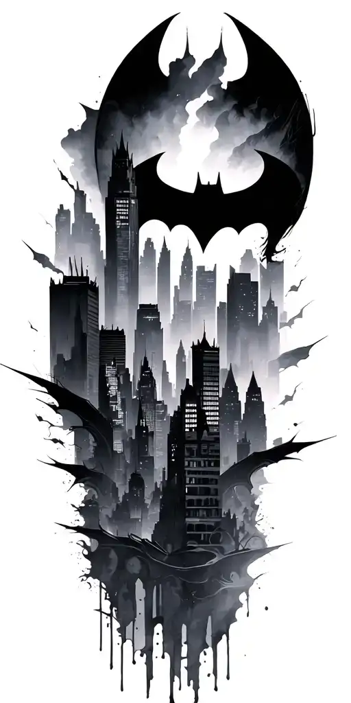 Gotham City Skyline With Bat Symbol In The Middle Surrounded