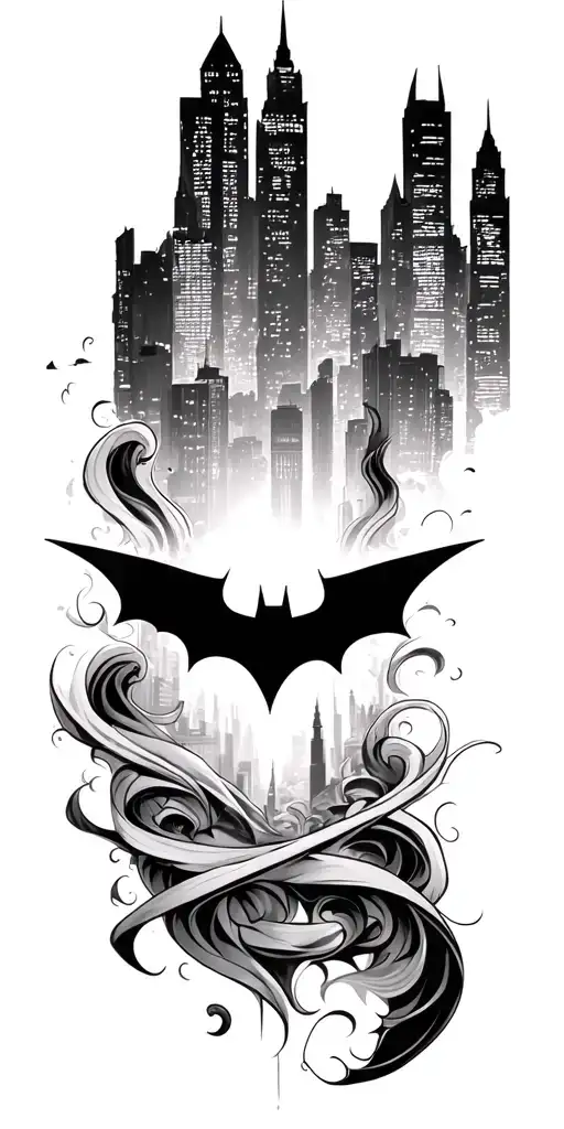 Gotham City Skyline With Bat Symbol In The Middle Surrounded