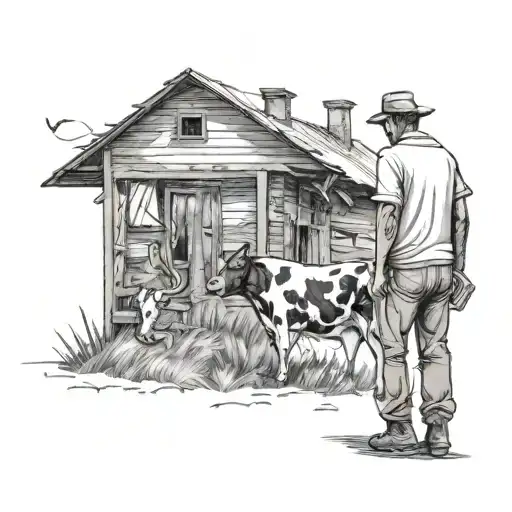 Man And A Cow Going To A Far Farm House