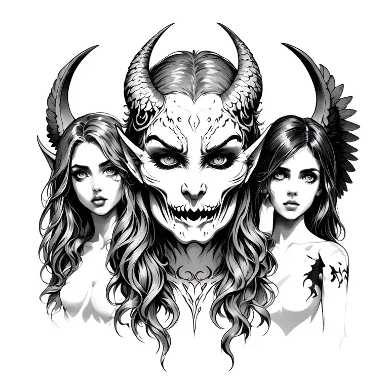 Demon Face With Good Girl Demon And Bad Angel Standing On Each Side