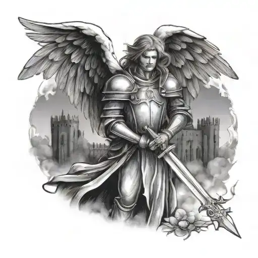 Scary Looking Night Medieval Angel Holding Sword Vs Evil With A Medieval Castle On The Background