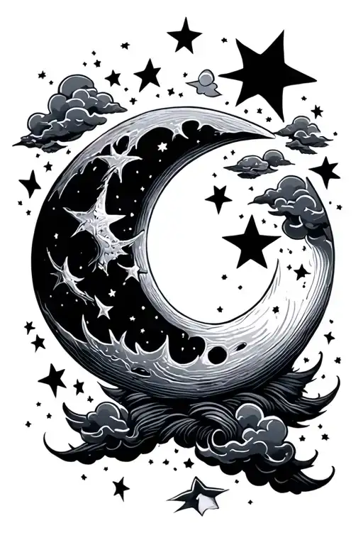 Moon With Stars And Clouds