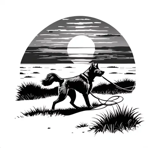 Working Dog Walking Away From Handler While On Long Leash Into A Sunset