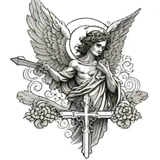 An Angel With A Spreaded Wings Wide And Holding A Cross
