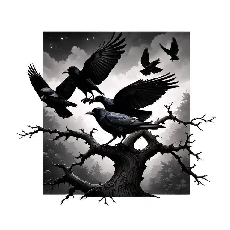 Crows Flying From A Tree