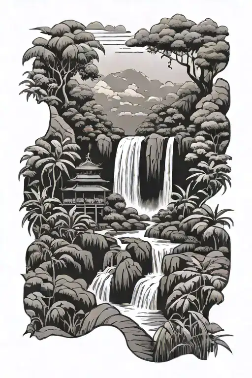 Vietnamese Waterfall With Rice Fields And Fishermen