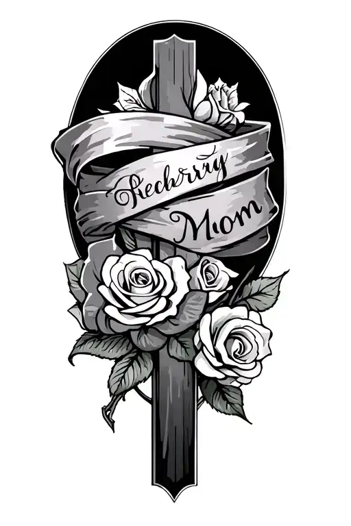 Cross With Rosery Wrapped And Mom Written On Top