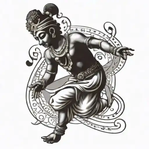 A Black-grey Tattoo Of Krishna Dancing To The Rhythm Of Music Notes