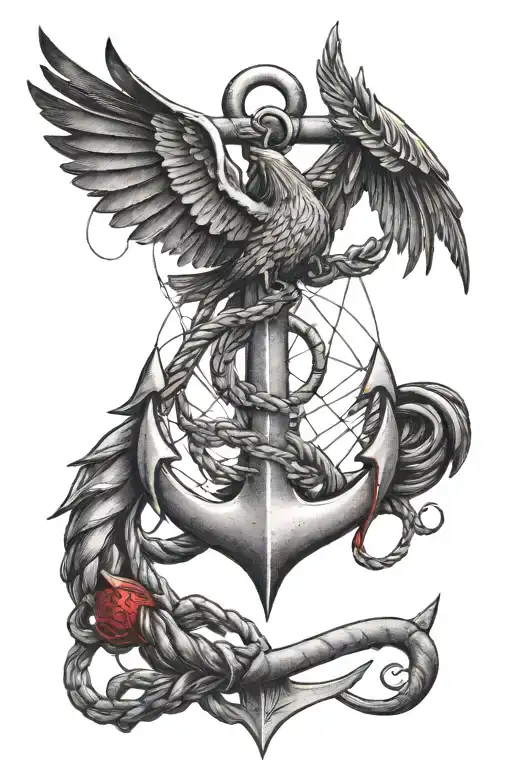 Anchor With Raven Wings And A Red Thread Weaving Its Web