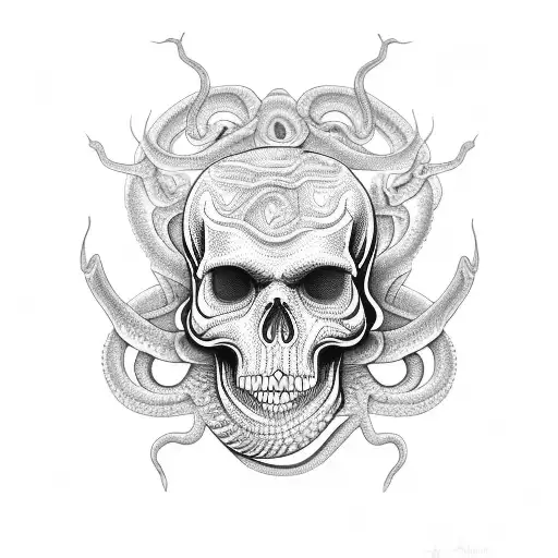 A Detailed Leg Tattoo Of A Snake Coiling Around A Tribal Skull