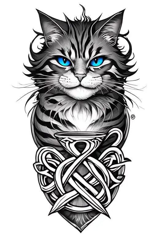 Creepy Cheshire Cat With Blue Eyes Featuring Celtic Trinity Knot And Teacup