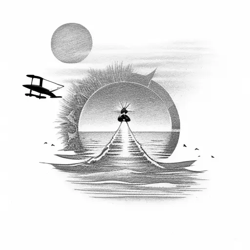 A Black-grey Tattoo Of A Beach Sunset With A Small Airplane Flying Overhead