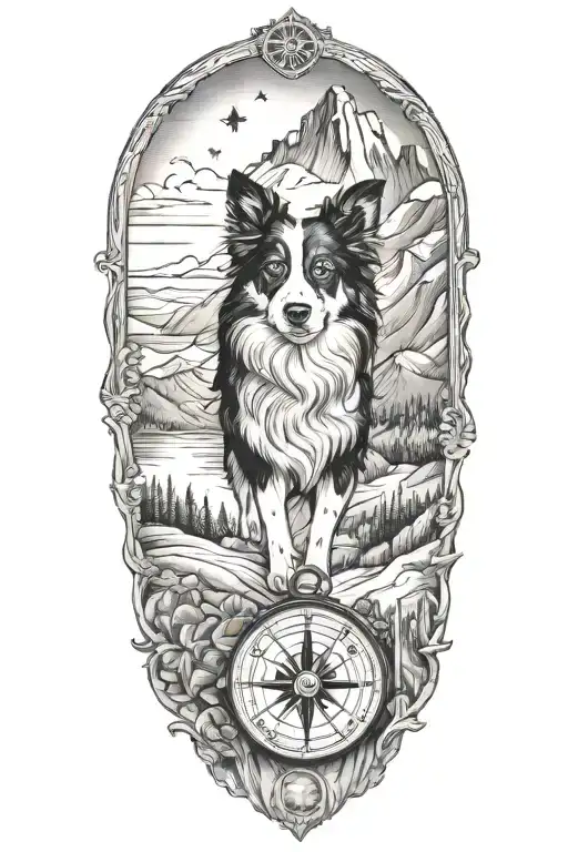 Compass Border Collie Portrait Mountain Scene