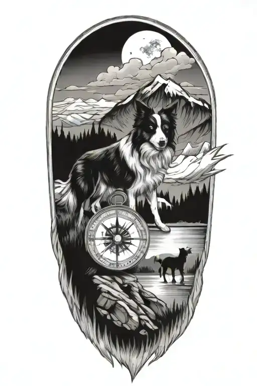 Compass Border Collie Portrait Mountain Scene