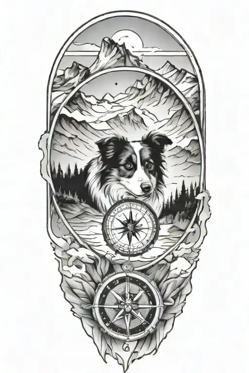 Compass Border Collie Face Portrait Mountain Scene