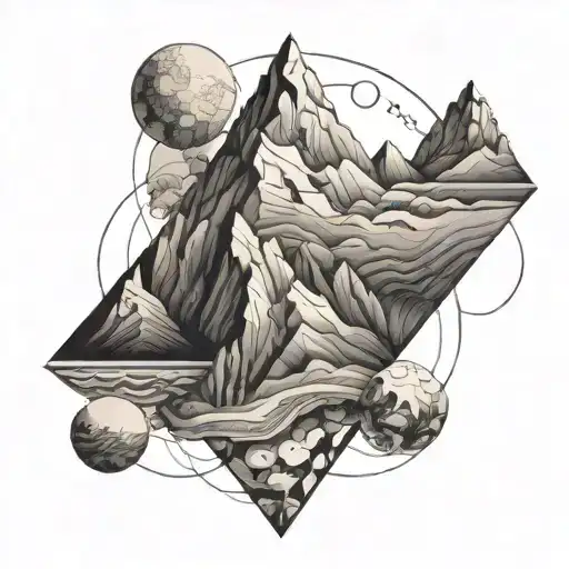 An Abstract Mountain Landscape Incorporating Geological Layers And Cartographic Elements