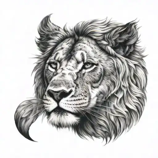Front View Lion Head With Bird Infront Covering Left Half Of Face