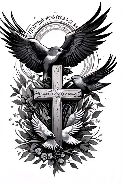 Everything Happens For A Reason With With A Cross And Birds Around It