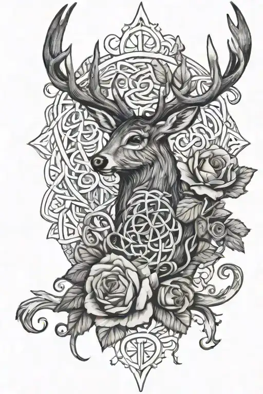 Nordic Knotwork Rose And Deer Antler Intertwined