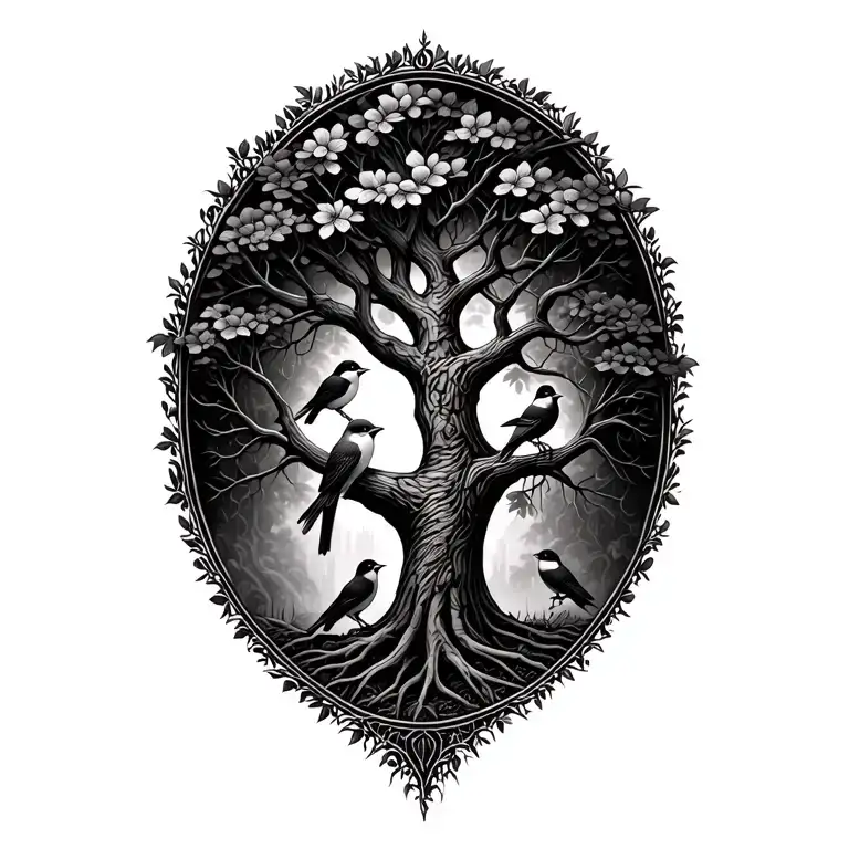 Tree Of Life With Finches Hidden Among The Trees