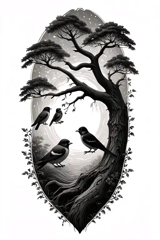 Tree Of Life With Finches Hidden Among The Trees
