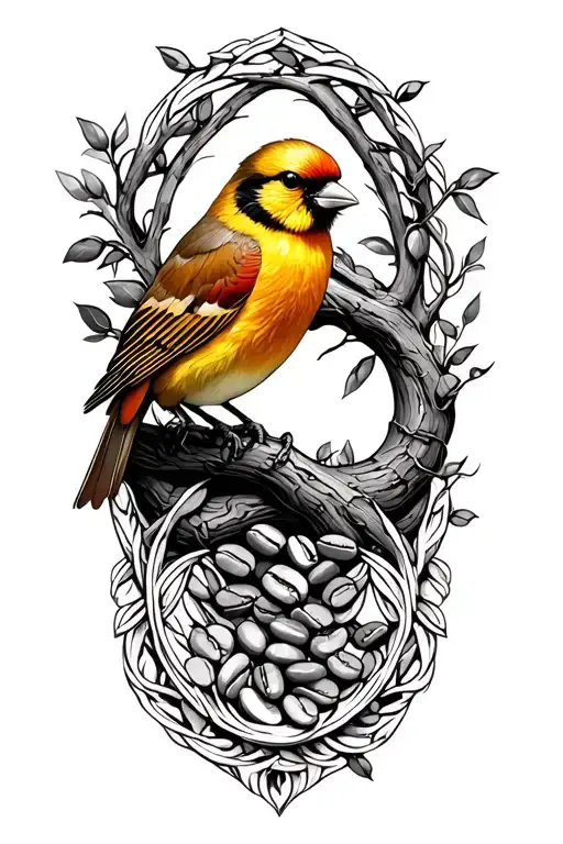 Gold Finch On The Tree Of Life With Coffee Beans Intertwined Into The Design