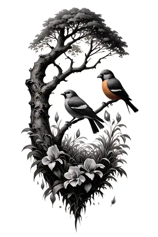 The Tree Of Life Growing Irises With Finches Hidden Among The Trees