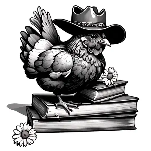 Chicken With Cowgirl Hat Standing On A Stack Of Books With A Daisy In Its Beak