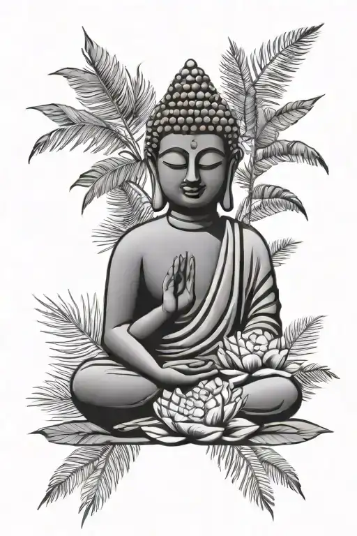 Buddha With Palm Leaves And Something Related To Wisdom And Patience