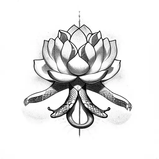 A Snake Coiling Around A Lotus Flower In A Mesmerizing Sketch Style
