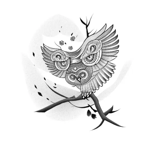 A Majestic Owl Perched On A Japanese Tree With Falling Petals
