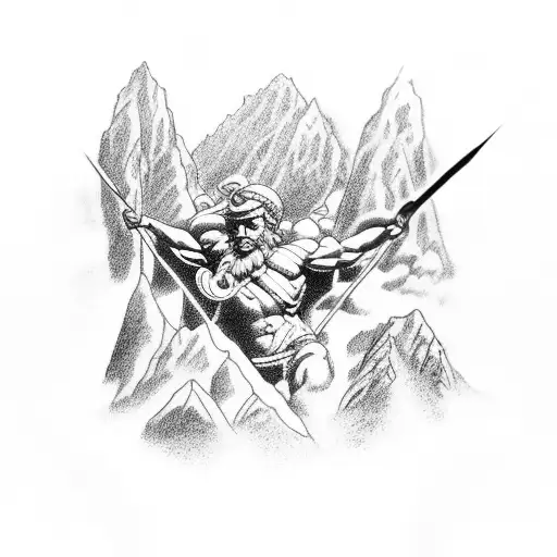 A Realistic Black And Grey Tattoo Of Mount Olympus With Greek Gods And Goddesses In The Background