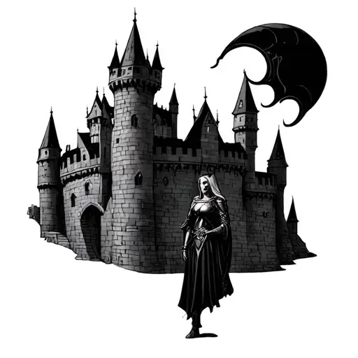 Gothic Medieval Castle With Beholder And A Female Knight