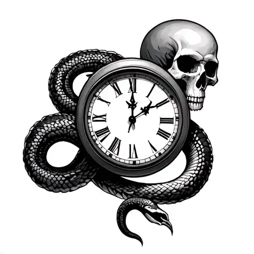 Time Death And Rebirth Represented By A Clock Skull And Snake