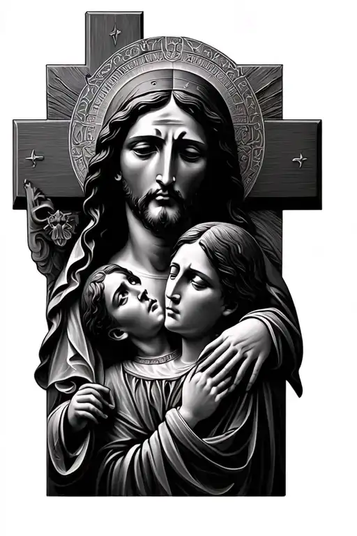 Half Jesus's Face On The Cross Half Mother Mary Crying With Saint Michael Under