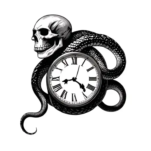 Time Death And Rebirth Represented By A Snake Rapping Around A Clock And Skull