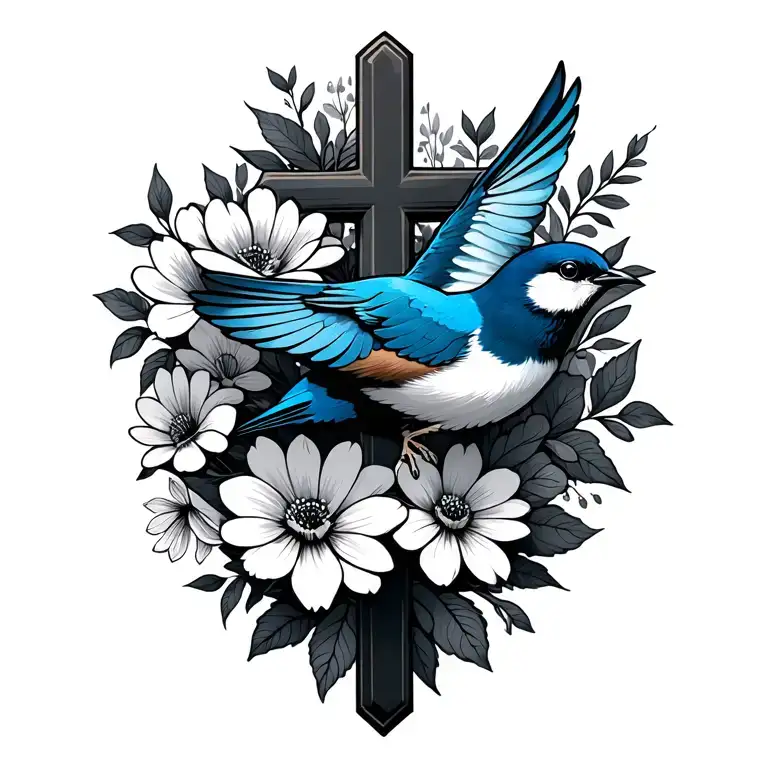 Cross Background Flowers Wrapped Around With Small Blue Bird Flying