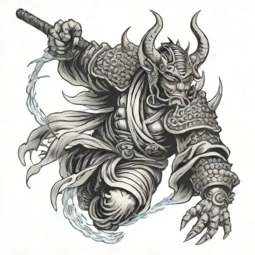 Japanese Oni Samurai With Japanese Dragon Wrapped